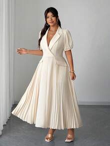 SHEIN Clasi Plus Size Women's White Summer Elegant Wedding Bridal French Office Commute Lapel Pleated Dress,Suitable For Evening Party,Gathering,Date,Graduation - Apricot - View 4