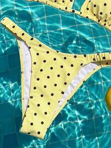 Swim Mod 两件套女士沙滩装，时尚可爱性感度假沙滩装，随机印花波点露背系带露脐上衣和褶皱比基尼泳裤 - 彩色 - 查看 8