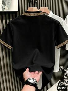 Manfinity Hypemode 男士经典时尚休闲黑色领印花短袖Polo衫，领印花短袖Polo衫，饰有皇冠狮子图案 - 彩色 - 查看 3