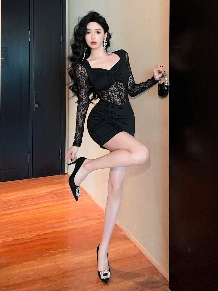 Women's Lace Patchwork Long Sleeve Mini Dress, Korean Style