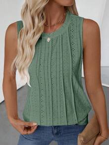 Áo tank top nữ cổ tròn không tay, chất liệu vải dệt họa tiết, thích hợp mặc mùa xuân/hè. - Màu xanh Ô liu - Xem 6