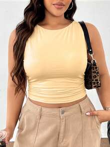 SHEIN EZwear 大码女式夏季休闲日常通勤简约纯色褶皱修身加厚吊带背心 - 杏色 - 查看 3