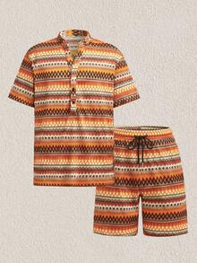 Mercer Haus Men's Multi-Color Wavy Knit Elastic Half-Open Collar Contrast Button Drawstring, Casual, Commuting, Street, Summer Beach 2-Piece Outfit - Orange - View 3