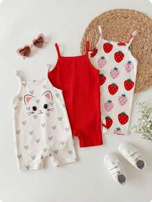 SHEIN Baby Girl Casual Knitted Solid Color Halter Romper Set, Random 6 Pieces, Send 3 Pieces - Red - View 2
