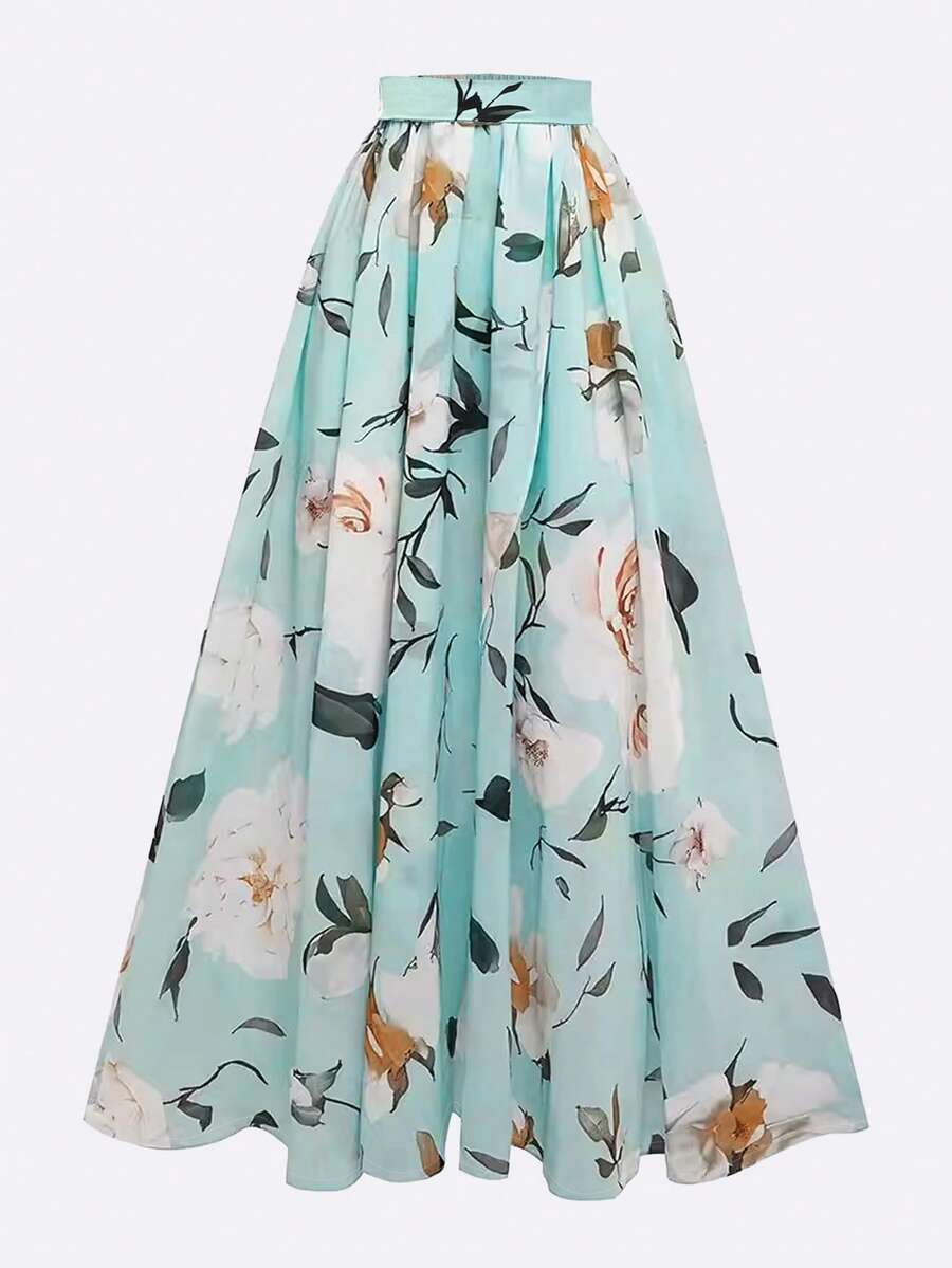 EMERY ROSE Falda larga con abertura de cintura alta con estampado floral en verde menta - Verde - Ver 1