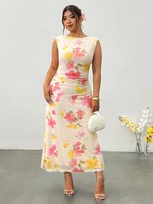 Firerie Plus Size Women's Elegant White Summer Floral Maxi Dress Wedding Guest Vacation Party Tea Graduation Fitted Sleeveless Mesh V-Neck Ruffle - Multicolor - View 3