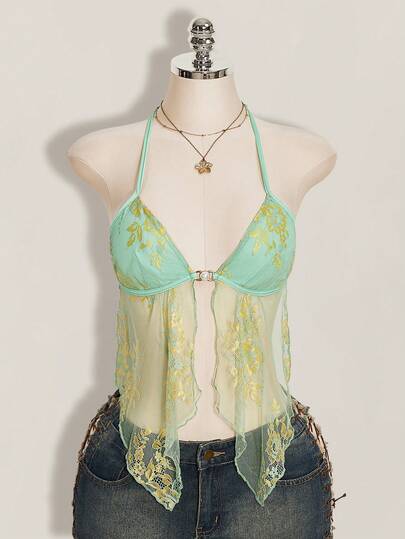 SHEIN ICON Women's Floral Lace Sexy Halter Neck Camisole