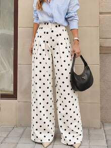Selenza Women's Polka Dot Pattern Pleated Wide Leg Loose Denim Pants - Beige - View 2