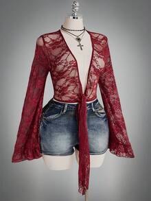 SHEIN ICON Blusa de manga de campana con encaje para mujer de talla grande - Morado - Ver 8