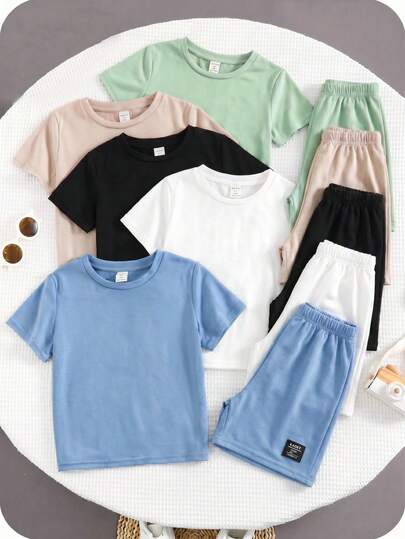 SHEIN 5pcs/Set Boys' Comfortable Casual Daily Versatile Short Sleeve T-Shirt And Shorts Set, Suitable For Spring/Summer, Suitable For Daily Wear, Sports, Outings, School, Gatherings, Festivals, Photo Shoots, Back To School Season