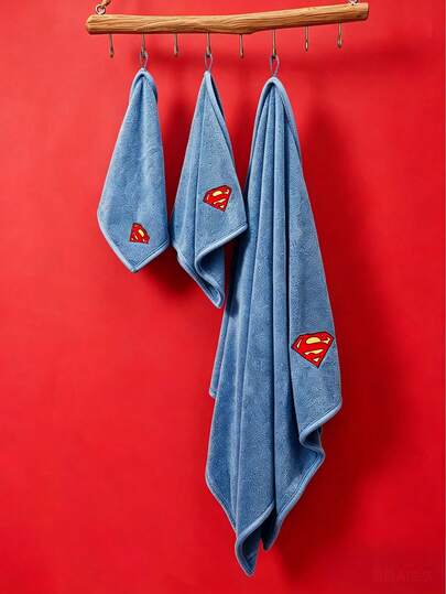 SUPERMAN X SHEIN 1/3pcs Super Absorbent Bathroom Towel Set, Hand Towel/Towel/Bath Towel, Soft Material, Blue Towel, Exquisite Embroidery, Super LOGO