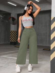 SHEIN ICON 大码女式休闲日常通勤简约纯色宽松阔腿牛仔裤 - 軍綠色 - 查看 6