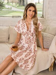 Serenescape Summer Short Sleeve Floral Leaf Print Casual Nightgown For Women - Multicolor - View 4