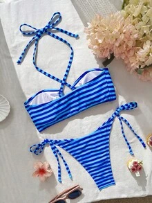 Swim Mod Conjunto de bikini de dos piezas con estampado tropical a rayas para mujer, ropa casual de resort - Multicolor - Ver 3