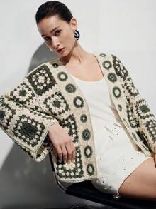 SHEIN Áo khoác cardigan dáng rộng tay cánh dơi khoét rỗng dành cho nữ - Màu xanh lá cây đậm - Xem 7