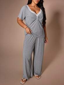 Lazeform Button Decor Pleated Design Minimalist Plus Size Pajama Set - Grey - View 5