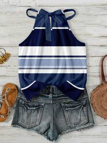 SHEIN LUNE Áo tank top cổ yếm màu xanh navy tối giản, phong cách thường ngày dành cho nữ, thích hợp cho mùa xuân/hè. - Nhiều màu - Xem 2