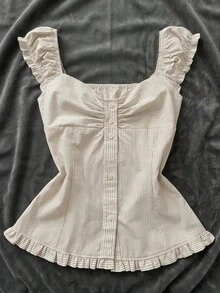 Blusa casual con pliegues en el pecho y volantes a rayas para niñas preadolescentes - Caqui - Ver 8