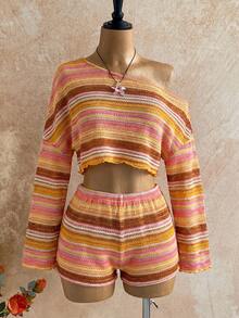 Soleia Bộ đồ thể thao nữ đi nghỉ mát, kẻ sọc, cổ áo bất đối xứng, áo crop top và quần short (2 món) - Nhiều màu - Xem 4