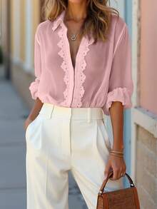 EMERY ROSE Women's Elegant Single-Breasted Lace Patchwork Long Sleeve Blouse, Suitable For Work And Business - Pink - View 1