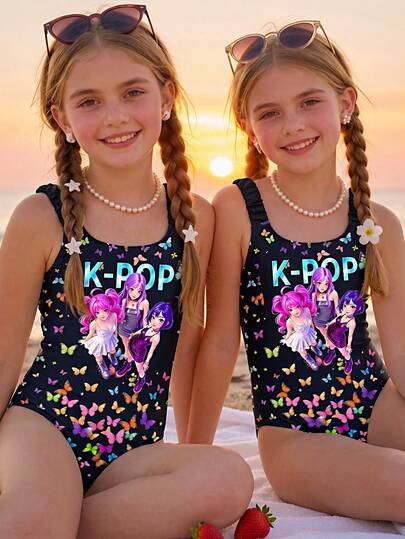 Áo tắm liền thân cỡ lớn dành cho bé gái, in hình bướm nhiều màu sắc, chữ K-POP và nhóm nhạc nữ, dây đeo bản rộng co giãn, thích hợp cho bãi biển, hồ bơi và các hoạt động thể thao dưới nước vào mùa hè.