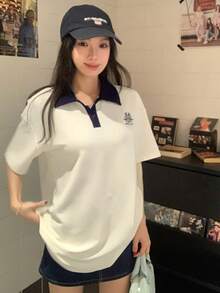 DAZY Loose Fit Women's T-Shirt With Collar And Contrast Color Pattern Print - White - View 5