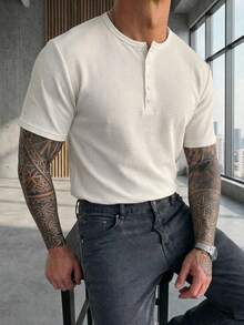 DAZY Camiseta básica de media cremallera con textura y unicolor para hombre - Blanco - Ver 3