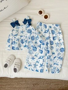 SHEIN Bộ 2 món cho bé gái mùa hè, kiểu dáng dễ thương, đi nghỉ mát, in họa tiết, áo hai dây và quần cạp chun. - Nhiều màu - Xem 5