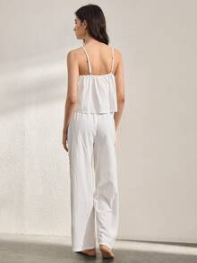 Ocili Set de pijama de 2 piezas con camiseta de tirantes y pantalones con bordado bohemio minimalista y volantes de atar, 100% algodón para mujeres - Blanco - Ver 3