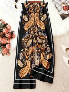 EMERY ROSE Plus Size Women's Black Summer Boho Wide Leg Pants,Cashew Print Waist Belt Design,Perfect For Vacation,Holiday,Beach,Spring & Autumn Daily Wear - Multicolor - View 2