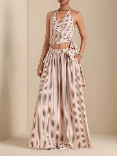 Vesra 女士条纹系带露背吊带上衣和迷你裙休闲两件套