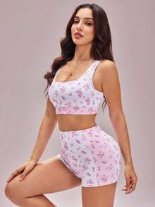 FavEase 2pcs/Set Women's Deep U-Neck Racerback Sports Bra And Ditsy Floral Shorts For Outdoor Workout - White - View 3