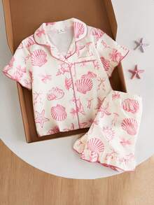 SHEIN Playful Pals 女童睡衣套装，舒适时尚的海洋元素印花，荷叶边下摆，优雅短袖上衣和短裤两件套家居服 - 杏色 - 查看 1
