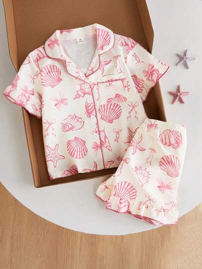 SHEIN Playful Pals 女童睡衣套装，舒适时尚的海洋元素印花，荷叶边下摆，优雅短袖上衣和短裤两件套家居服