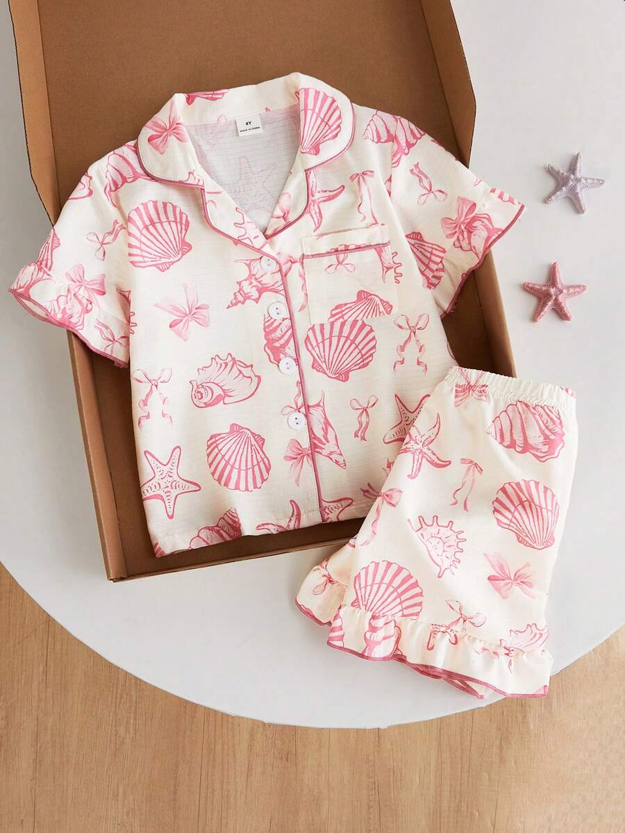 SHEIN Playful Pals 女童睡衣套装，舒适时尚的海洋元素印花，荷叶边下摆，优雅短袖上衣和短裤两件套家居服 - 杏色 - 查看 1