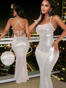 BamGleam Silver Back-Tie Maxi Dress | Sexy Slim Fit Party Dress For Women - Silver - View 3