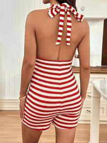 SHEIN 孕妇夏季休闲条纹露背吊带连体裤 - 紅色 - 查看 2