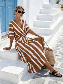 SHEIN Holidaya 女士黄色条纹宽松度假春夏V领修身连衣裙，适合度假、休闲、居家和日常活动 - 棕色 - 查看 4
