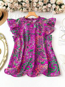 EMERY ROSE Áo kiểu nữ cỡ lớn, thanh lịch, cổ bèo nhún, tay ngắn, họa tiết hoa nhí, dáng rộng, thích hợp cho kỳ nghỉ và mặc hàng ngày. - Màu tím - Xem 1