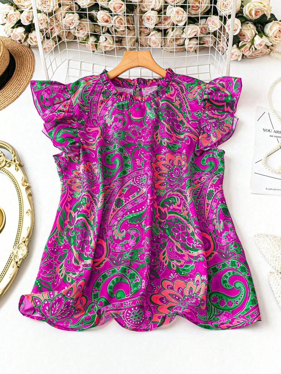 EMERY ROSE Áo kiểu nữ cỡ lớn, thanh lịch, cổ bèo nhún, tay ngắn, họa tiết hoa nhí, dáng rộng, thích hợp cho kỳ nghỉ và mặc hàng ngày. - Màu tím - Xem 1
