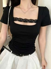 FRIFUL Women's Square Neck Lace Tie-Up Splice Fitted Solid Ribbed Short Sleeve T-Shirt - Black - View 5