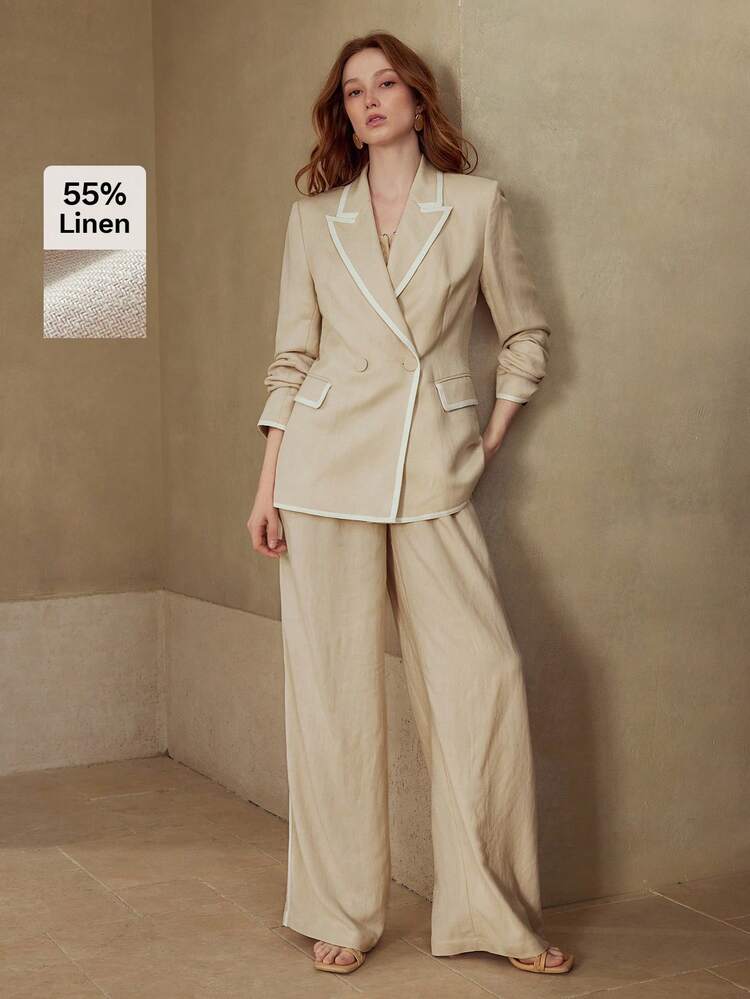 LINEN CONTRAST TRIM DOUBLE BUTTON LIGHTWEIGHT BLAZER