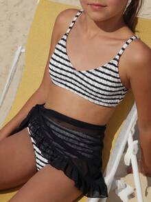 3pcs/Set Girls' Blue & White Knit Texture Striped Swimsuit Set, Summer Beach Holiday - Black - View 1