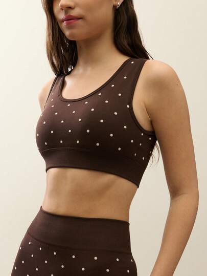 Nöista Seamless Top Part Of A Set In Brown With Polka Dots In White Color, Removable Pads. Gymwear, Yoga, Comfortable Clothes, Workout Outfit, Pilates, Barre, Fitness.