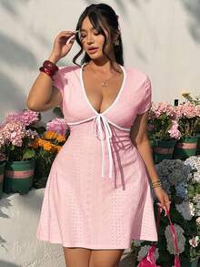 GalTyme Plus Size Women's Front Tie Short Sleeve Sexy Dress - Pink - View 2