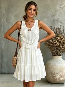 LUMIGAL Vestido largo con dobladillo con volantes, cuello con lazo y adorno de flecos para vacaciones y playa para mujer - Blanco - Ver 5