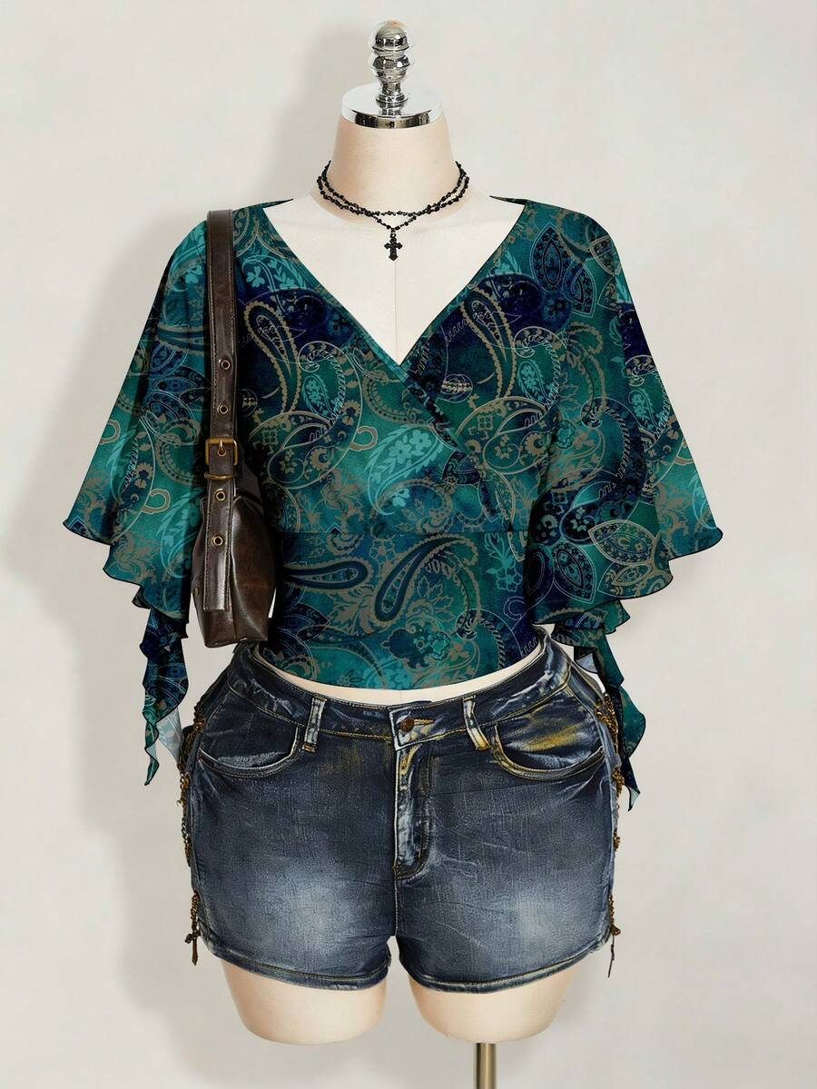 SHEIN ICON Áo thun nữ cỡ lớn màu xanh dương, họa tiết hoa retro, phong cách thường ngày, thích hợp cho thời trang đường phố và lễ hội âm nhạc. - Nhiều màu - Xem 1