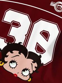 Attitoon Betty Boop x SHEIN Tenue de sport décontractée minimaliste pour rassemblement décontracté, fête, aéroport. Imprimé avec numéros et lettres anglaises de style universitaire. Tenue pour festival de musique. T-shirt ample à manches courtes et col rond pour femme, idéal pour les sorties d'été - Multicolore - Voir 7