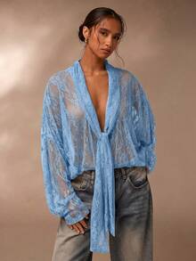 SHEIN Glamour Áo kiểu ren xuyên thấu, áo sơ mi ren màu nâu dành cho nữ - Màu xanh lam - Xem 5
