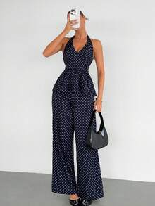 Siren Gaze Bộ đồ gồm áo cổ chữ V màu xanh hải quân và quần ống rộng xếp ly, họa tiết chấm bi, trang phục công sở thanh lịch 2 mảnh cho mùa hè. - Màu xanh hải quân - Xem 5